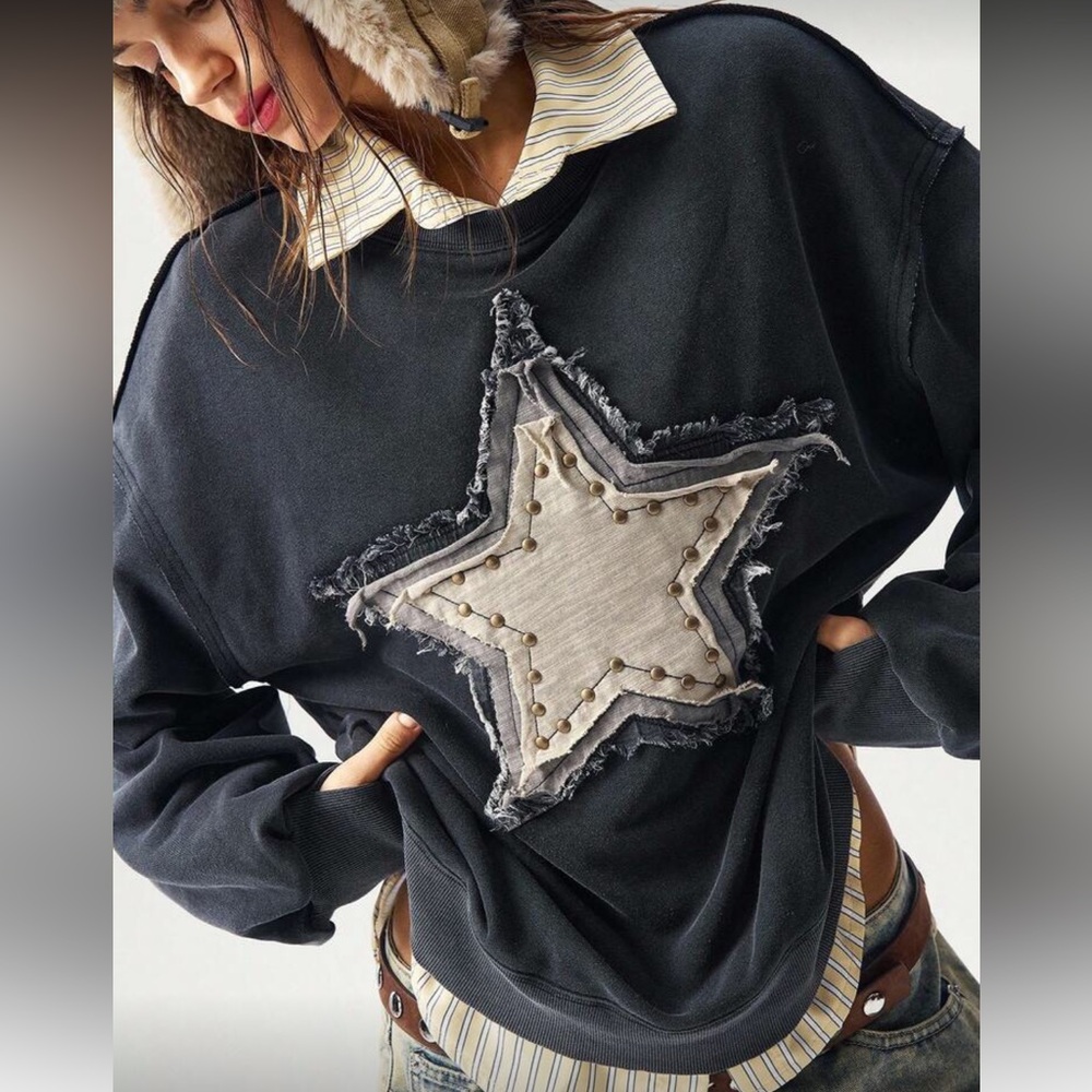Star patchwork sweatshirt long sleeve studded distressed  Black Embellished